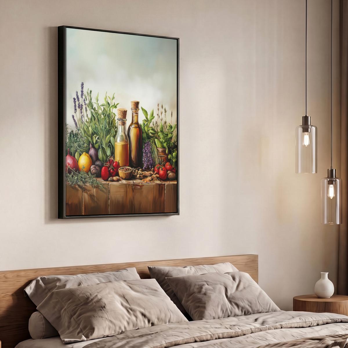 LEINWAND Bilder mit Rahmen - Stilleben - Kräuter - Gewürze - Früchte - Farbenfroh - 70x100 - Grün, Textil (70/100cm) - MuchoWow