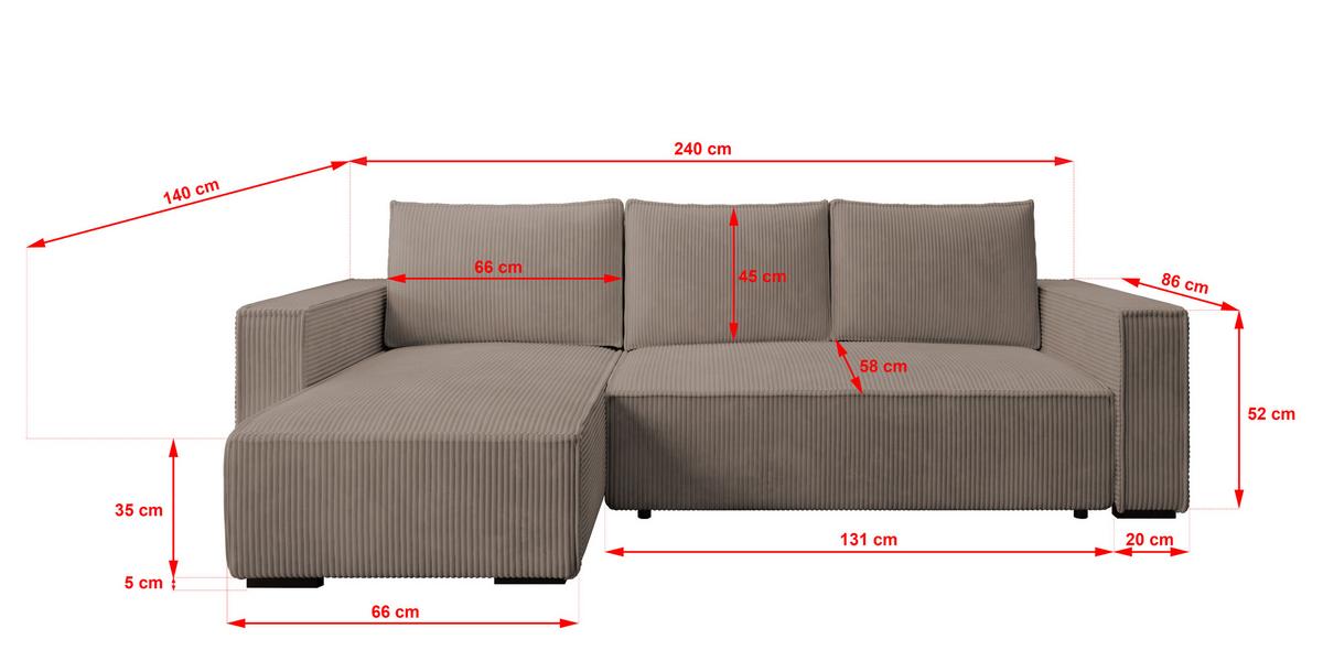 ECKSOFA CUDDY L, Eckcouch in L-Form mit Schlaffunktion und Bettkasten, Farbe: Braun, Cordstoff, Ottomane Links - Braun, Textil (240/140cm) - Storez24