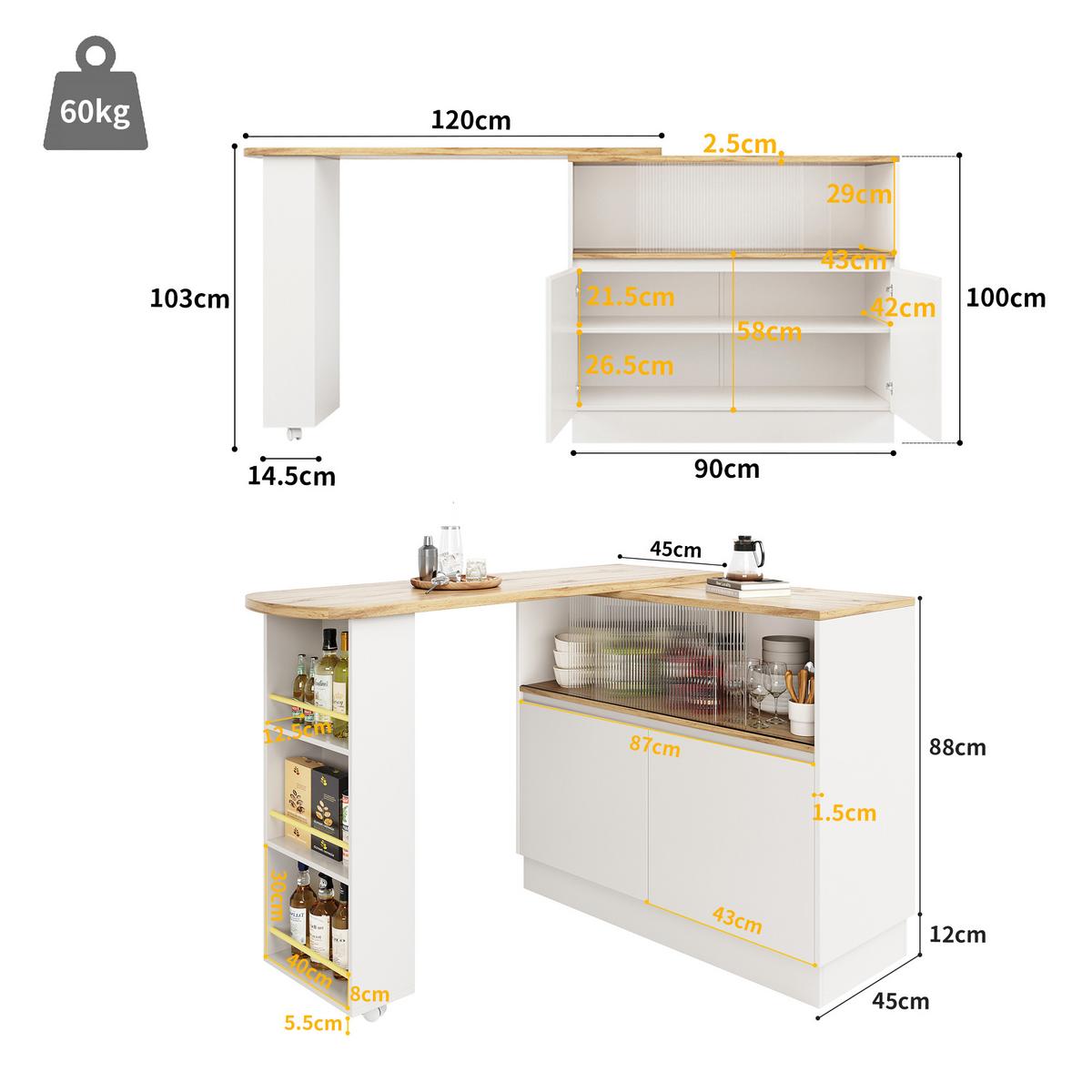 BARSCHRANK 360° drehbar & schwarz mit glastüren & flexiblem bartisch - Weiß, Holzwerkstoff (90/100/45cm) - Urban Meuble