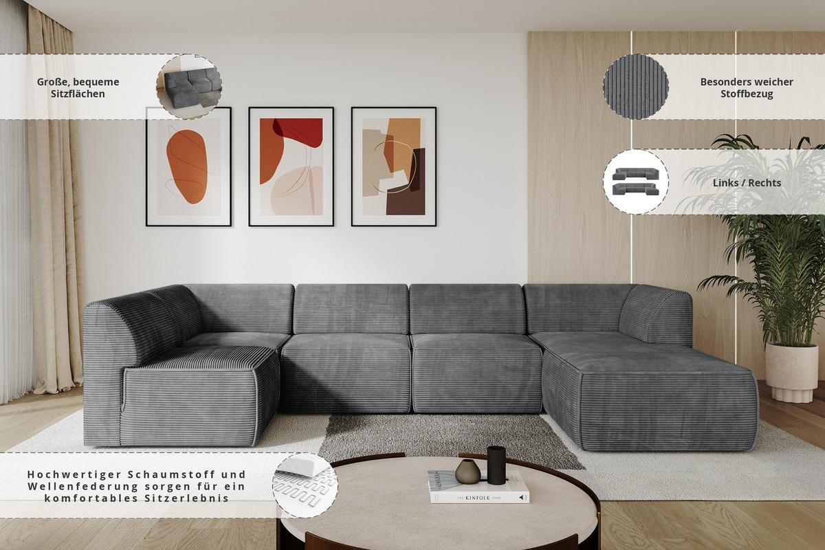 WOHNLANDSCHAFT Ottomane Rechts MOVO-L 345x180x78 cm Dunkelgrau Cord - Dunkelgrau, Holzwerkstoff/Kunststoff (180/78/345cm) - ALTDECOR