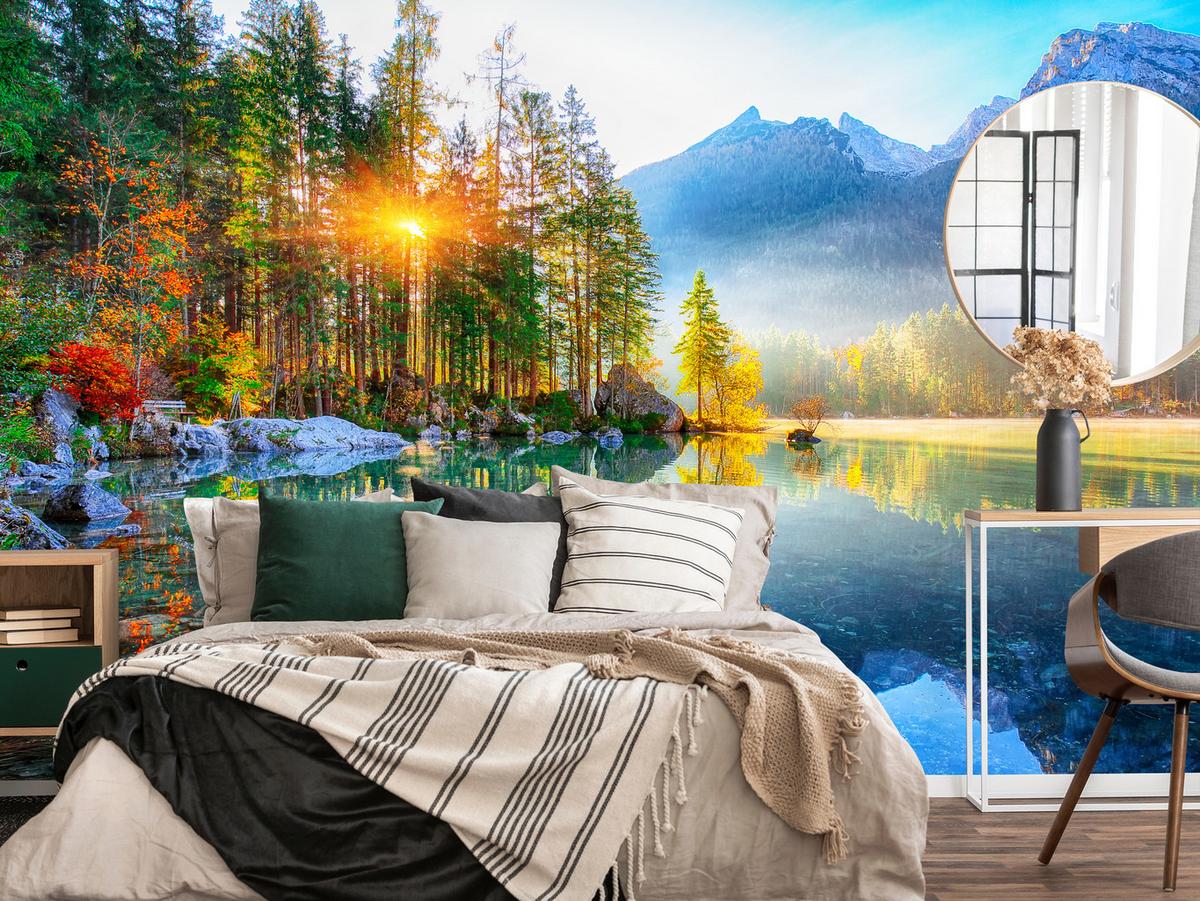 FOTOTAPETE für Schlafzimmer See Berge Bäume Sonnenuntergang Natur 450x315 - Gelb/Rot, Papier (450/315cm) - Muralo