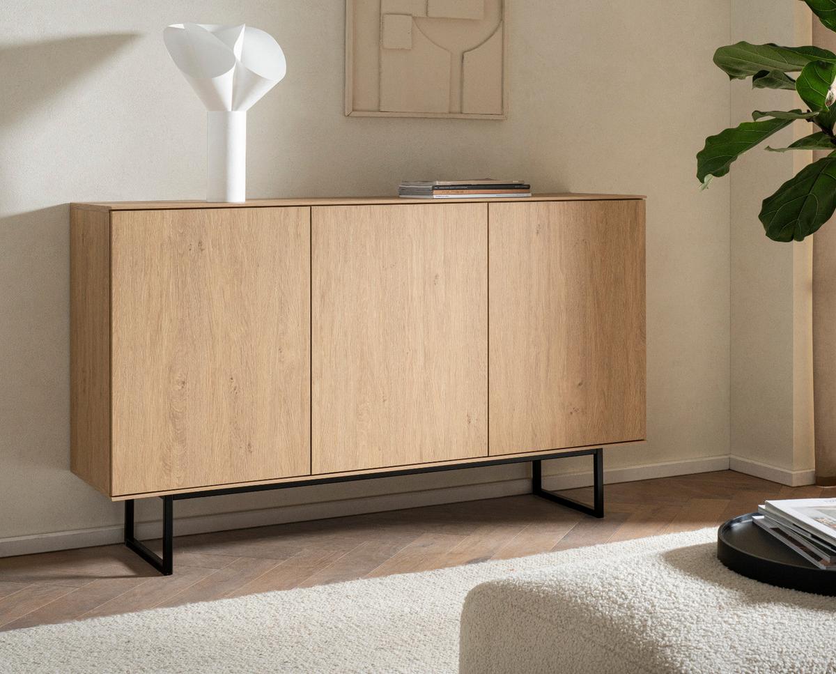 SIDEBOARD Stone Eiche 150 x 90 cm, Kommode mit Push-to-Open - Eichefarben/Schwarz, Holzwerkstoff/Metall (150/90/40cm) - Furn.Design