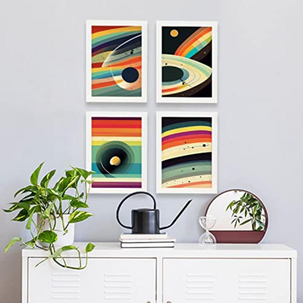 POSTER Set mit 4 Abstrakt Kurve Moderne Galaxien A3 Rahmen aus hellem Holz - Beige, Papier (29.7/3cm) - Nacnic