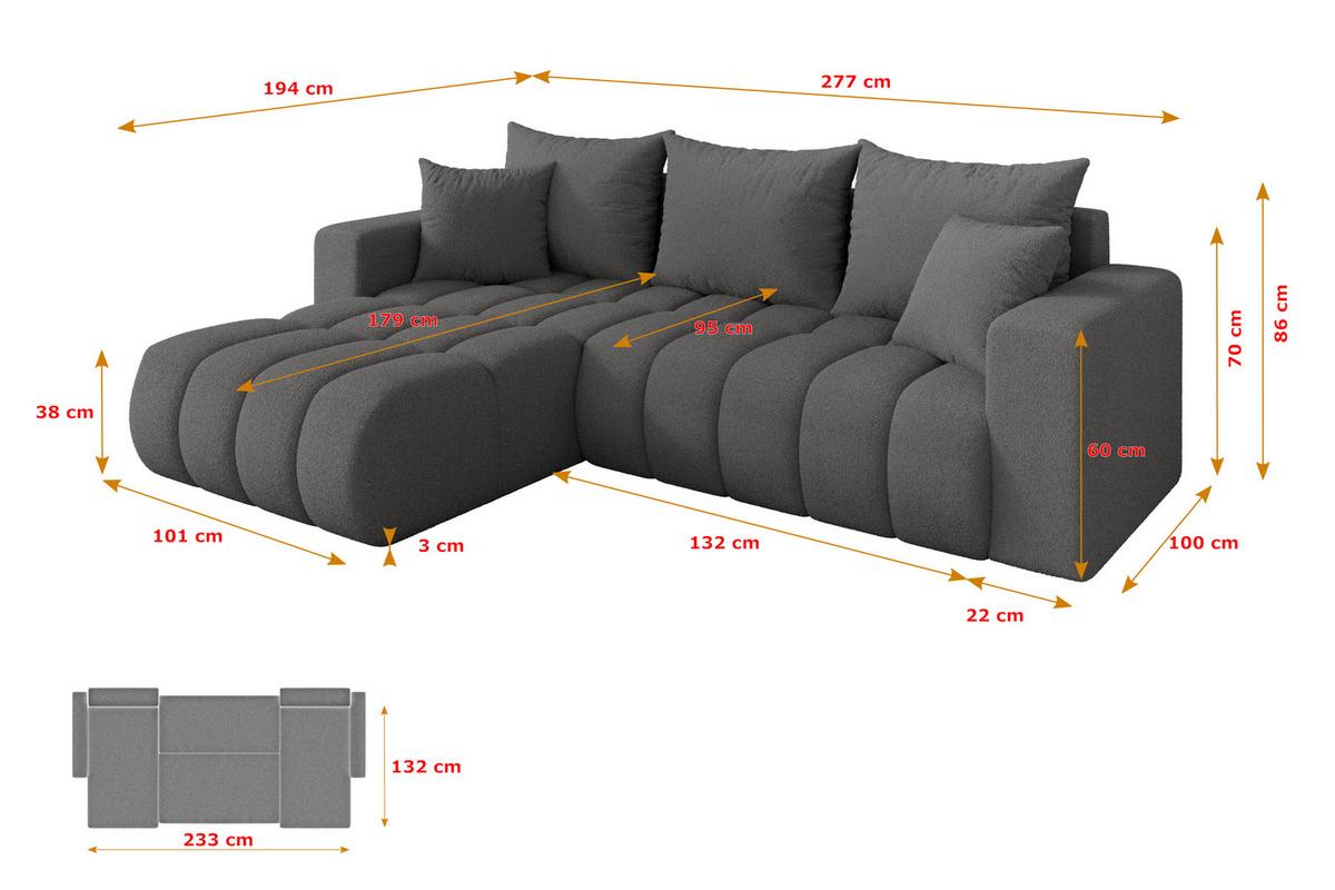 ECKSOFA mit Schlaffunktion Ottomane Links MILA-L-v1 277x195x86 Grau Bouclé - Schieferfarben/Schwarz, Holzwerkstoff/Kunststoff (277/194cm) - ALTDECOR
