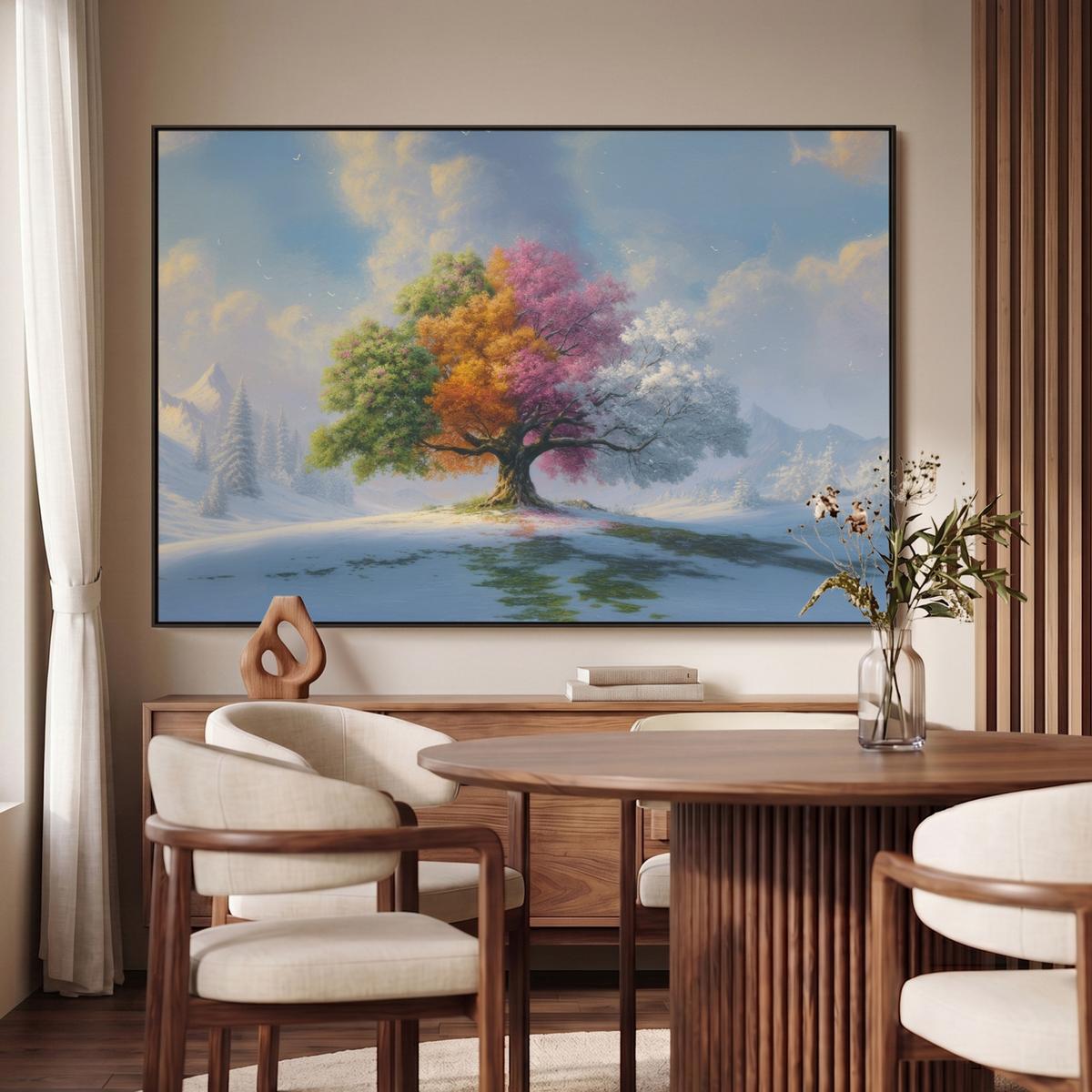 LEINWAND Bilder mit Rahmen - Baum - Jahreszeiten - Winter - Landschaft - 150x100 - Multicolor, Textil (150/100cm) - MuchoWow