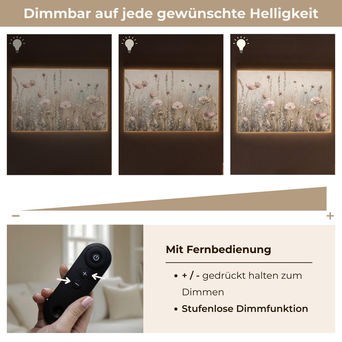 WANDLEUCHTE MIT AKKU Blumen - Rosa - Modern - Beige 90x60 cm - Altrosa, Holzwerkstoff (90/60/8cm) - OnlyWow
