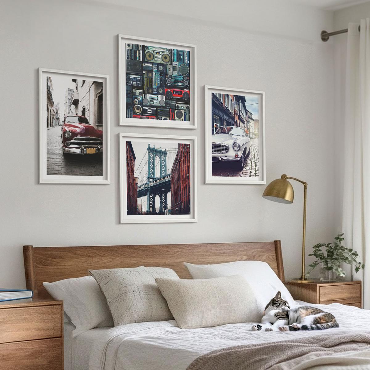 BILDER SET 4er Set - 50x50 cm & 40x60 cm Weißer Rahmen - Old Cars Brooklyn Retro-Audio - Weiß, Kunststoff (50/50cm) - TULUP