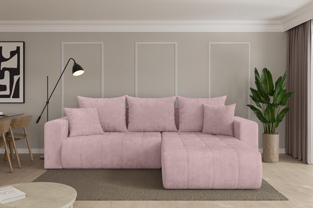 ECKSOFA mit Schlaffunktion Ottomane Rechts MILA-L 277x194x86 Rosa Cord - Schwarz/Rosa, Holzwerkstoff/Kunststoff (277/194cm) - ALTDECOR