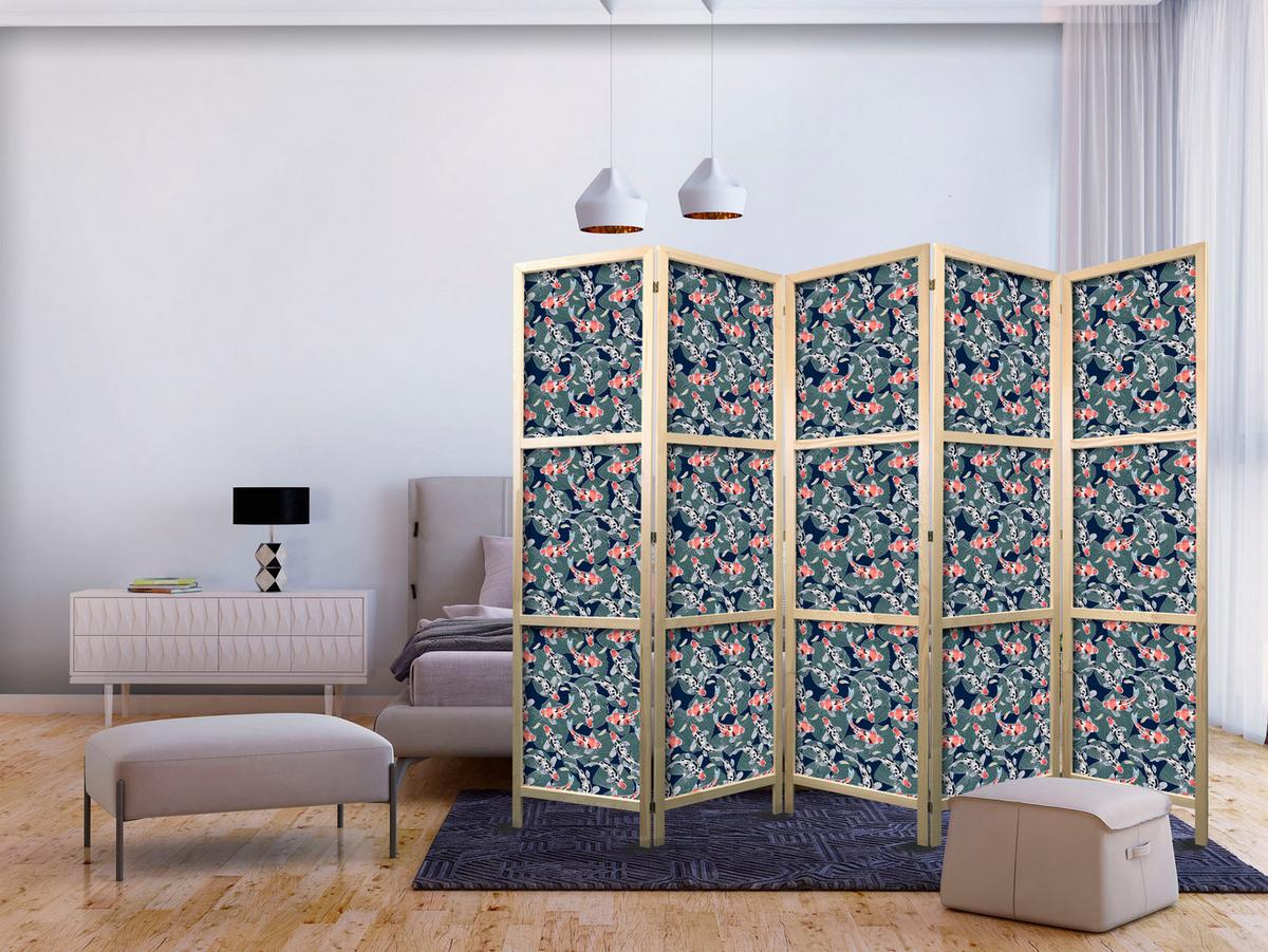 PARAVENT Japanischer 5-tlg 225x172 cm Koi-Fische - Blau, Holz/Textil (225/172/3cm) - Muralo