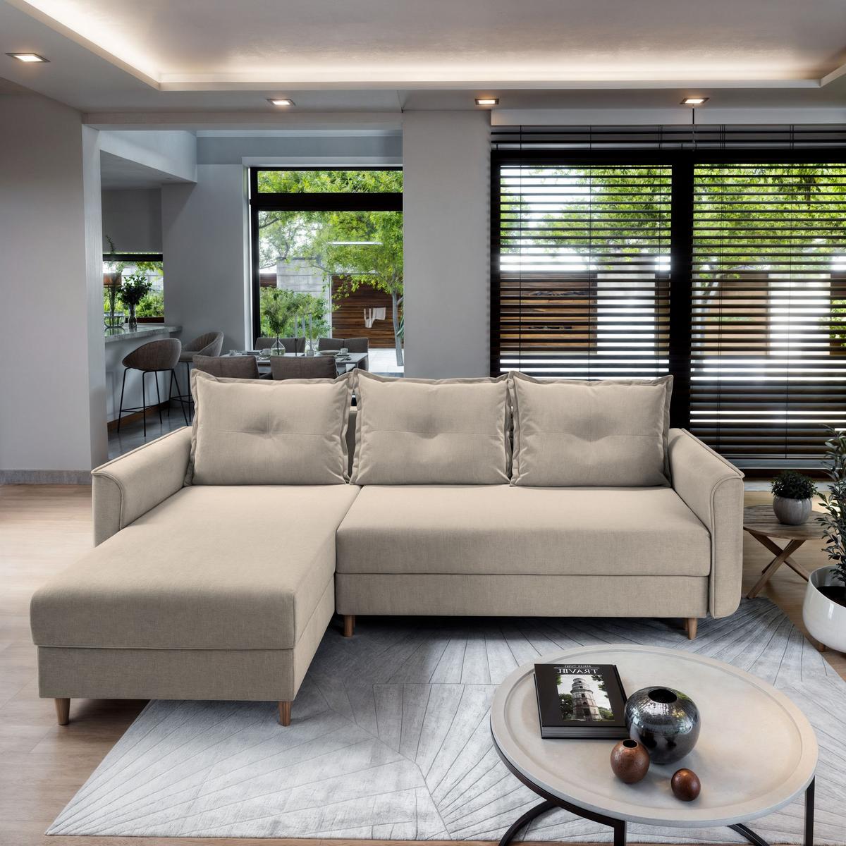 ECKSOFA PISAN R-S Beige Plüsch-Stoff mit Schlaffunktion - Beige/Braun, Holz/Textil (220/140cm) - MASSENO