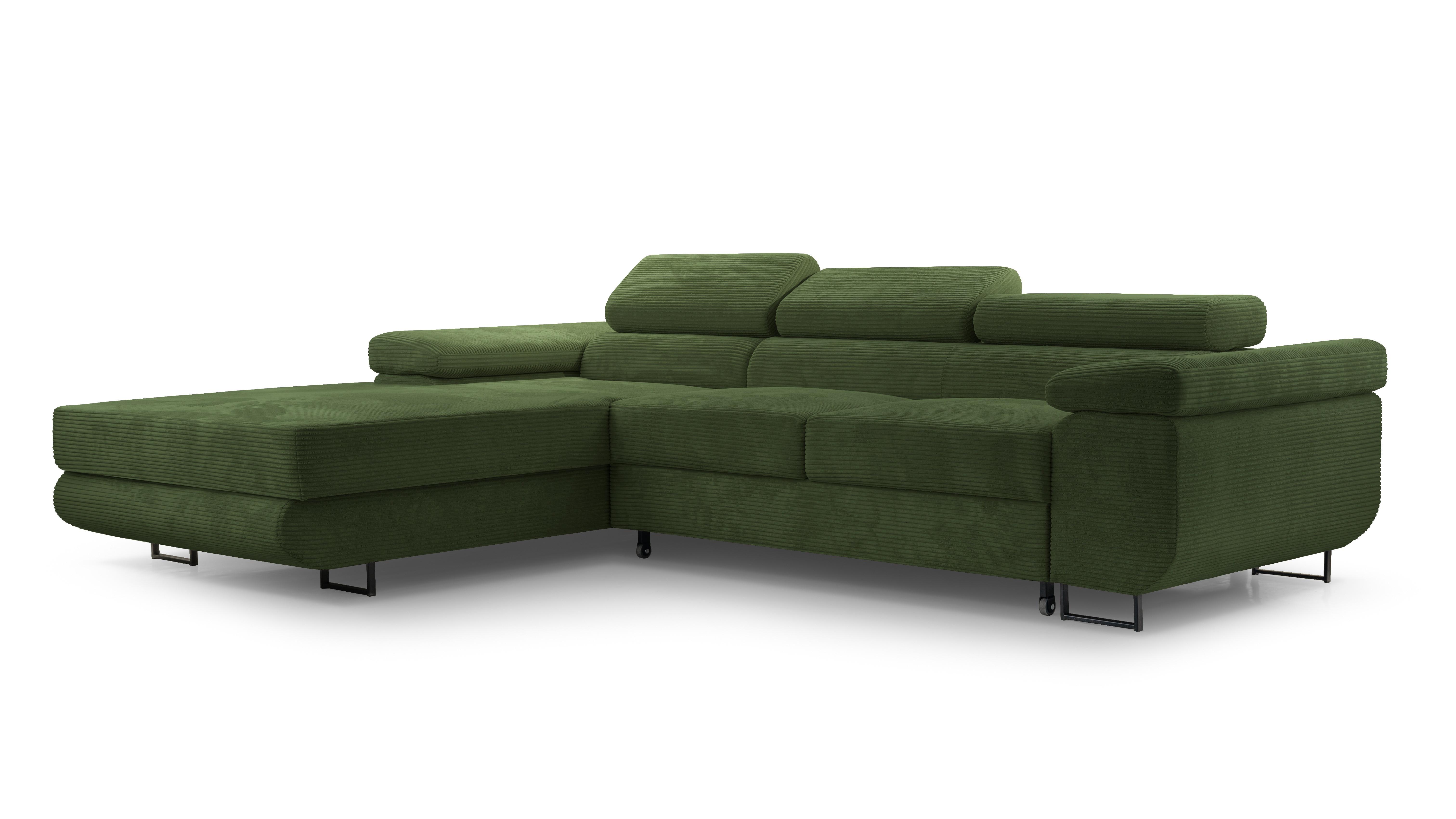 ECKSOFA GIULIO Grün Velours-Stoff mit Schlaffunktion - Grün, Holz (280/203cm) - MASSENO