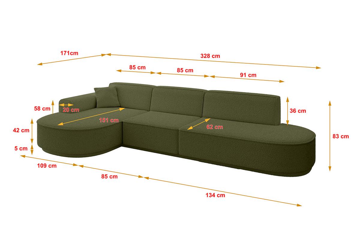 ECKSOFA Ottomane Links MARI-L2-v3 - 328x171x83 cm Grün Bouclé - Schwarz/Grün, Holzwerkstoff/Kunststoff (328/171cm) - ALTDECOR