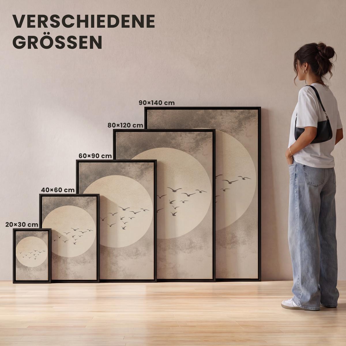 LEINWAND Bilder mit Rahmen - Vogel - Beige - Japanisch - 100x150 - Taupe, Textil (100/150cm) - MuchoWow
