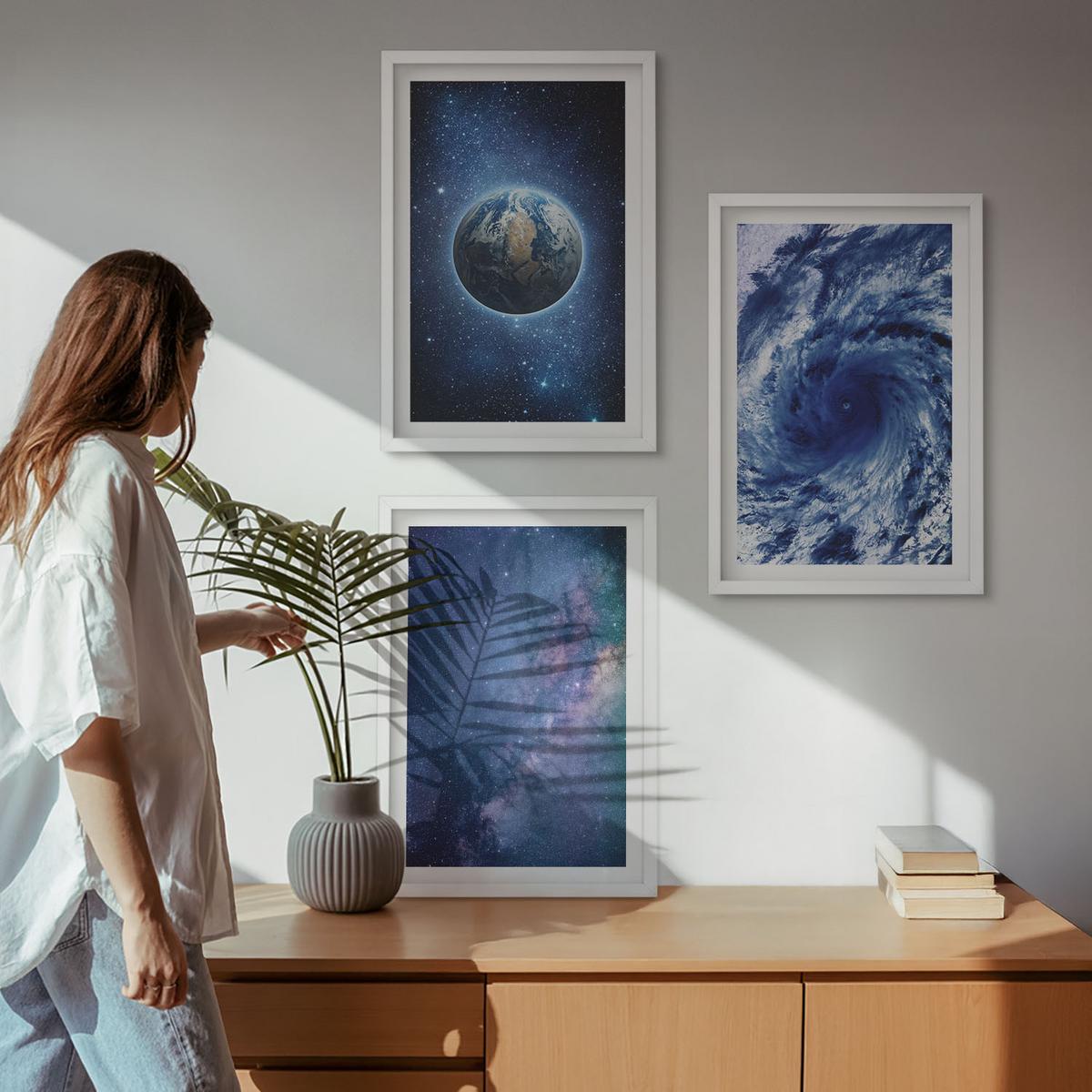 BILDER SET 3er Set - 40x60 cm Weißer Rahmen - Erde Weltraumsturm Galaxie - Weiß, Kunststoff (40/60cm) - TULUP