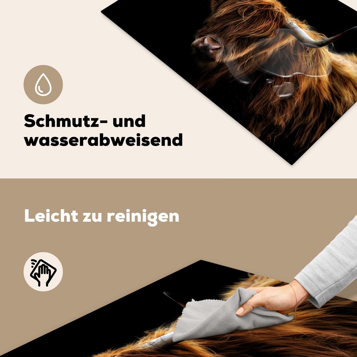 HERDABDECKPLATTE Schottischer Highlander - Hörner - Schwarz - Tiere - Natur - Wild - Kuh Induktionsschutz 80x52.2 cm - Cognac, Kunststoff (80.2/52.2/0.2cm) - MuchoWow