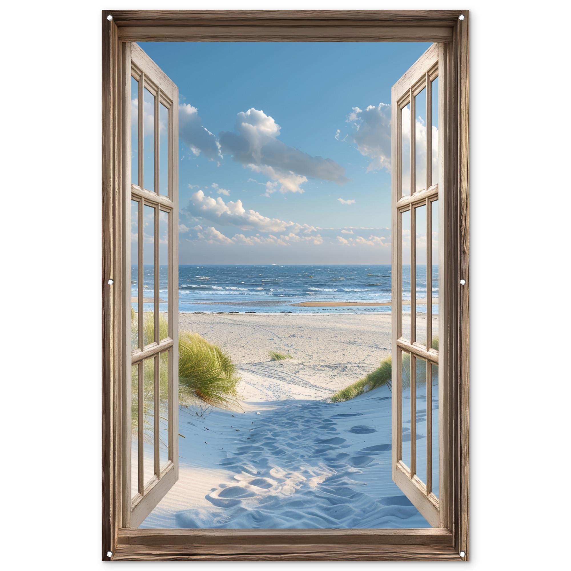 GARTENPOSTER Aussicht - Strand - Fenster - Dünen - Meer Bild 120x180 cm - Hellblau, Kunststoff (120/180/0.2cm) - OnlyWow