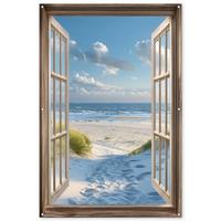 GARTENPOSTER Aussicht - Strand - Fenster - Dünen - Meer Bild 120x180 cm - Hellblau, Kunststoff (120/180/0.2cm) - OnlyWow