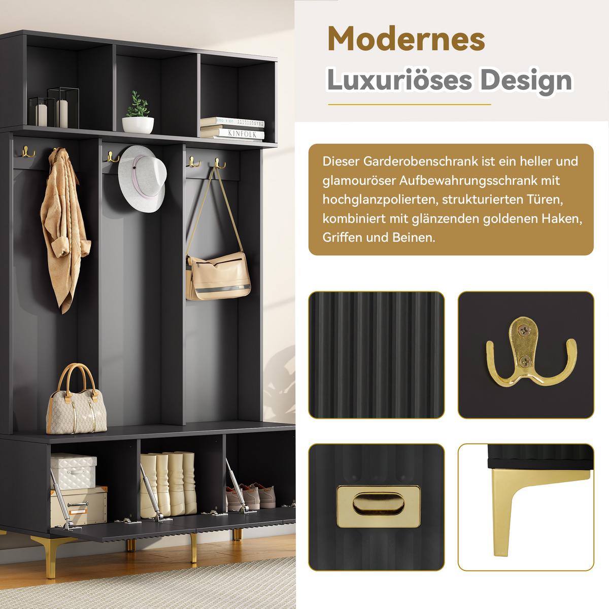GARDEROBEN schwarz & gold, mit sitzbank und 6 haken - Schwarz, Holzwerkstoff (120/191/40cm) - Urban Meuble