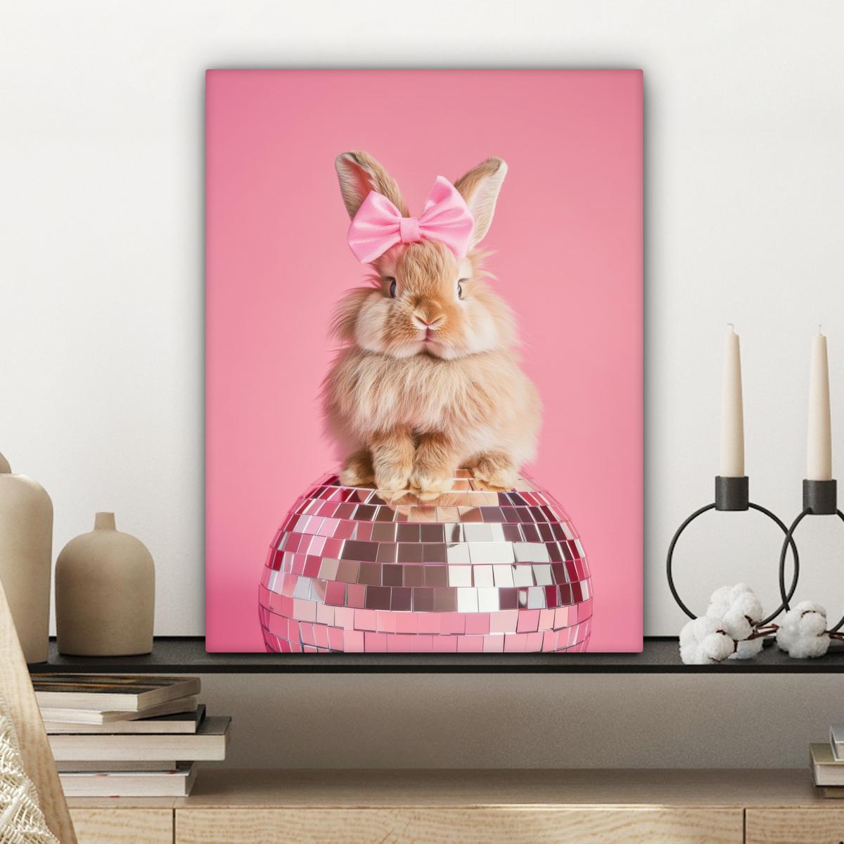 LEINWANDBILD Schleife - Discoball - Kaninchen Room Decor 30x40 cm - Pink, Textil (30/40cm) - MuchoWow