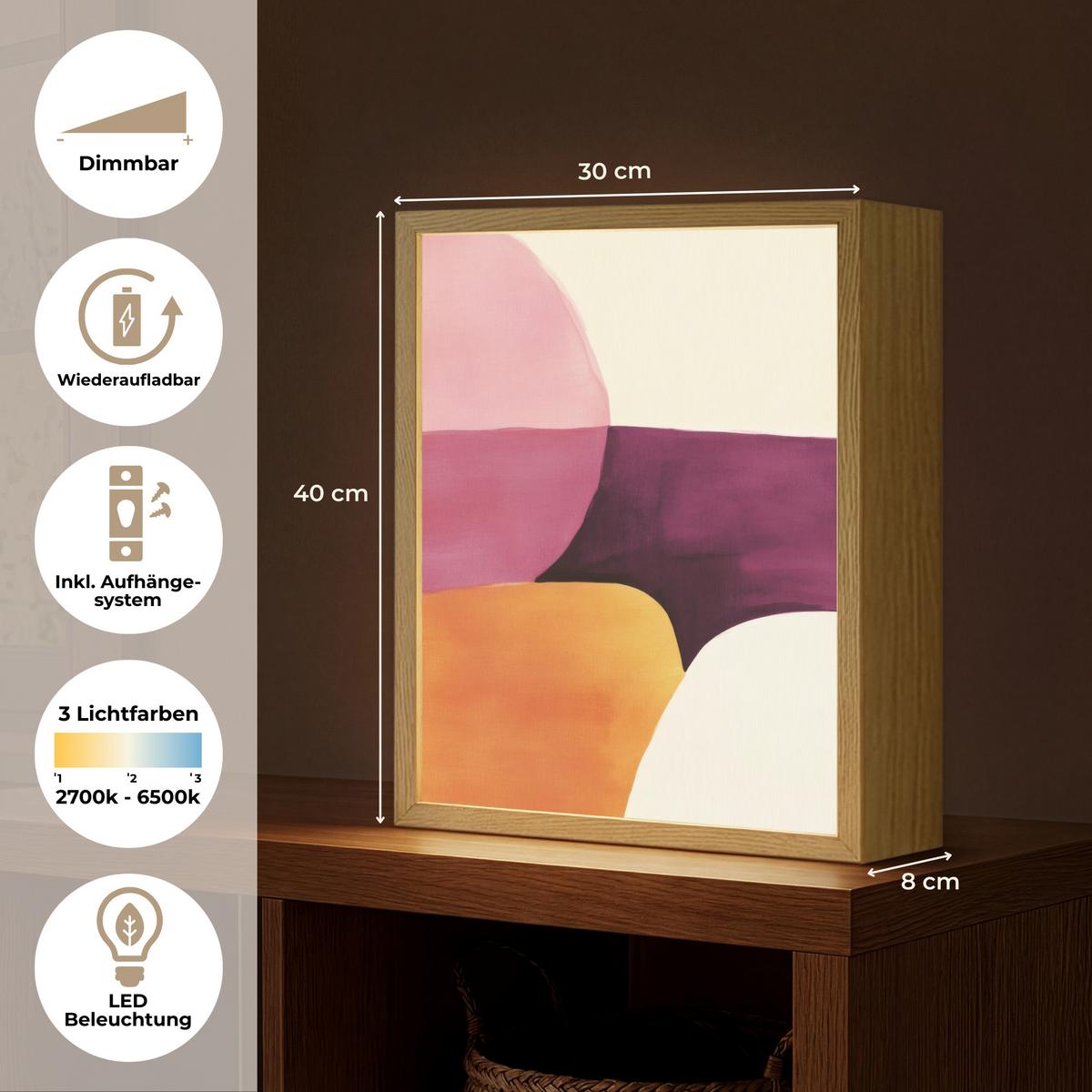 WANDLEUCHTE MIT AKKU Formen - Abstrakt - Farbenfroh 30x40 cm - Rosa, Holzwerkstoff (30/40/8cm) - OnlyWow
