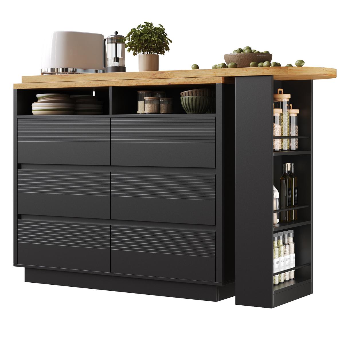 BARTISCH Schwarz Ausziehbar mit 6 Schubladen & Rollen Kücheninsel - Schwarz, Holzwerkstoff (39/215/102cm) - Urban Meuble