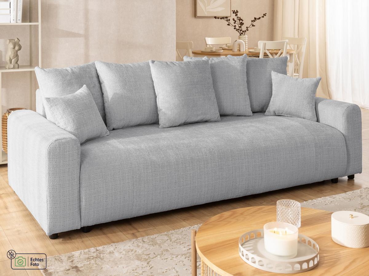 SCHLAFSOFA Calma mit Bettkasten im Bumpy-Design aus weichem Hellgrau Chenille-Stoff - Hellgrau/Schwarz, Holz/Kunststoff (239/88/98cm) - S-Style