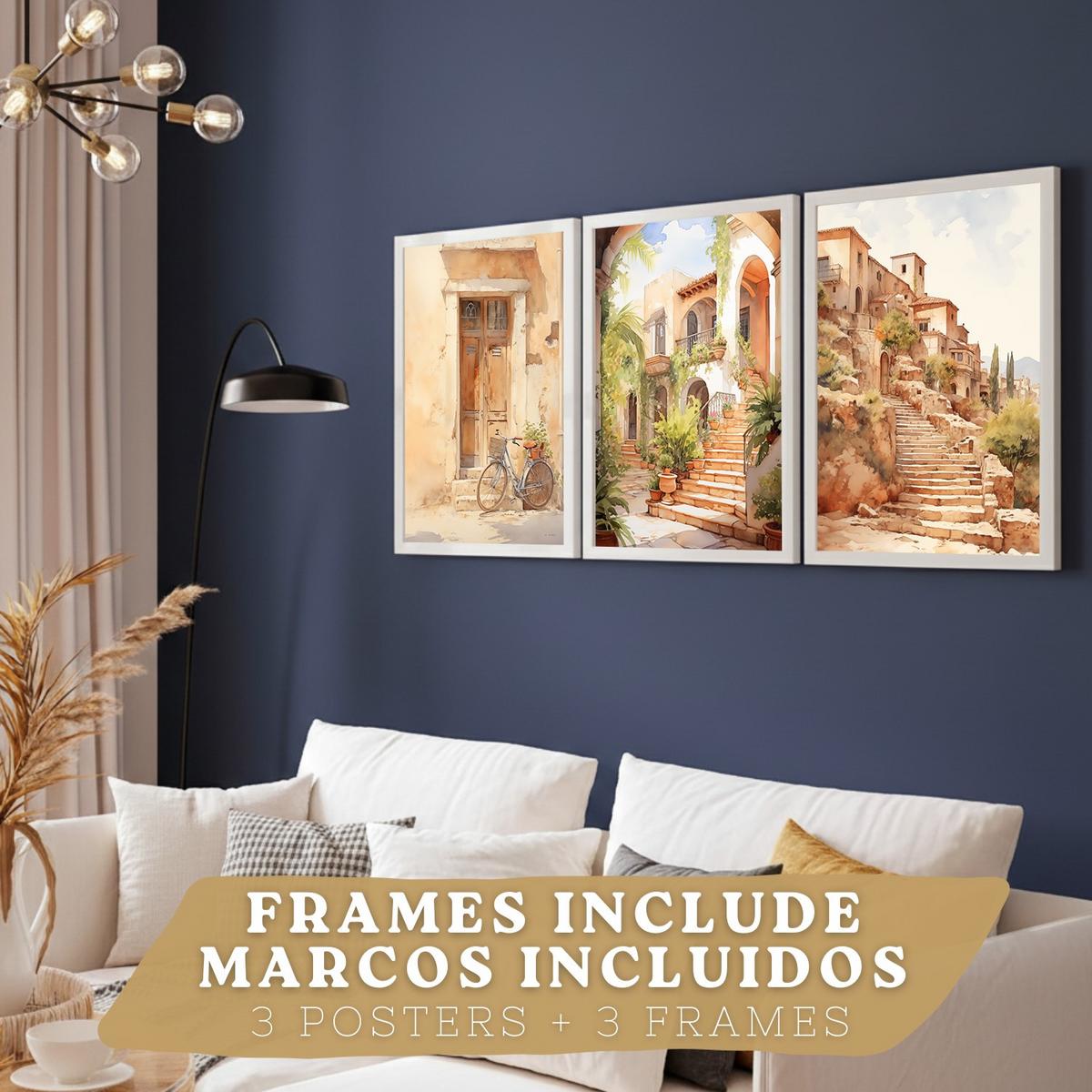 POSTER 3er Bilder-Set Wandbilder Landhaus Braun modern Wohnzimmer Deko, Schlafzimmer, Küche, Badezimmer Weißer Rahmen A4 - Weiß, Papier (29.7/1/21cm) - Nacnic