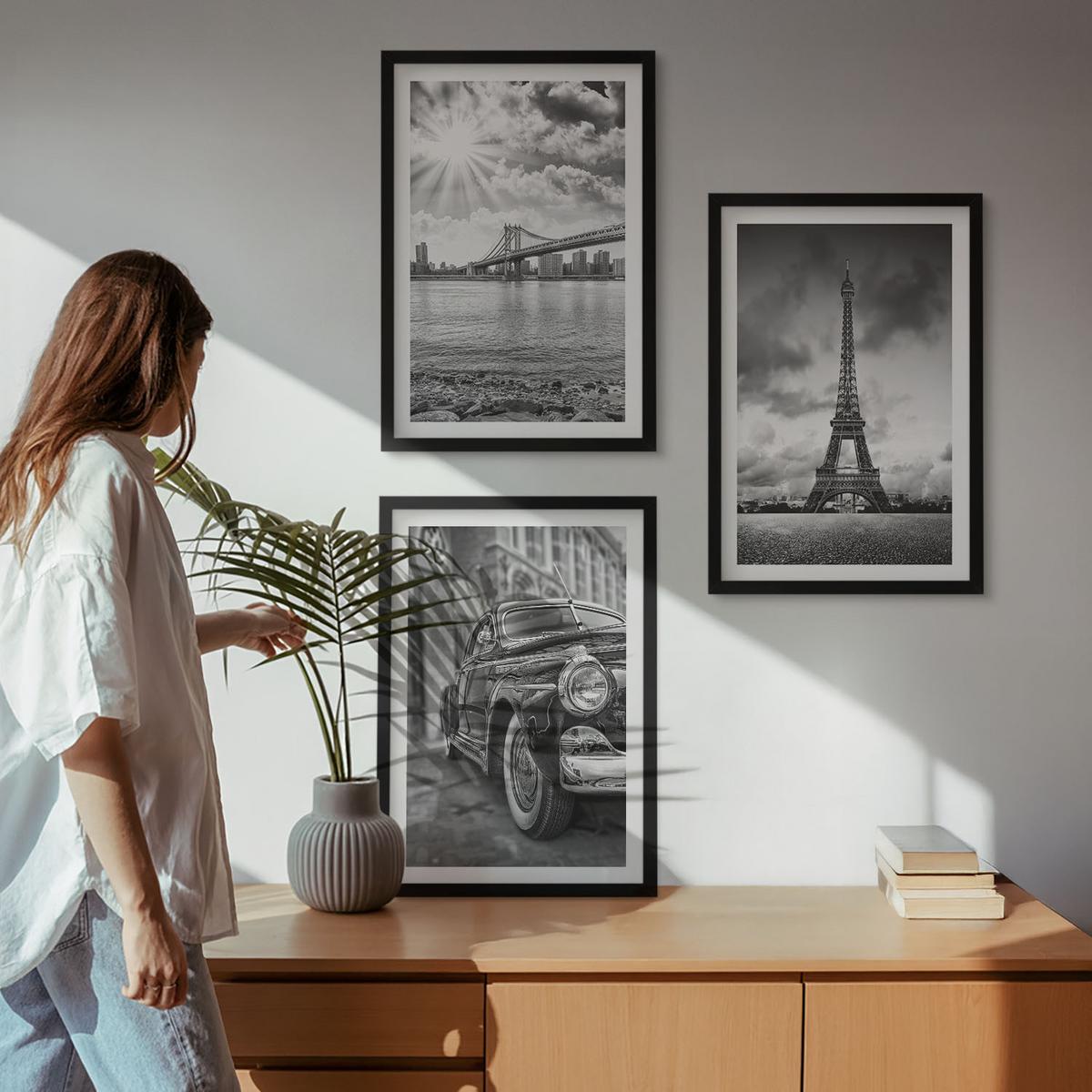BILDER SET 3er Set - 40x60 cm Schwarzer Rahmen - Stadtansichten, Brücken, Eiffelturm - Schwarz, Kunststoff (40/60cm) - TULUP