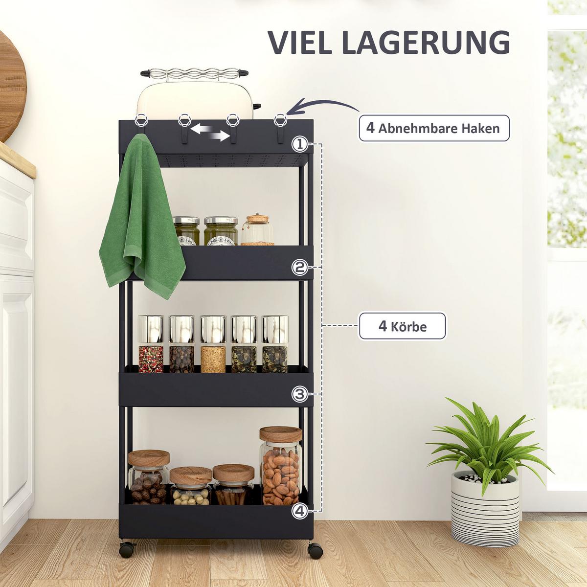 ROLLWAGEN, Küchenregal mit 4 Ebenen, Aufbewahrungsregal mit Rollen, Küchenwagen - Schwarz, Metall (19/90/40cm) - HOMCOM