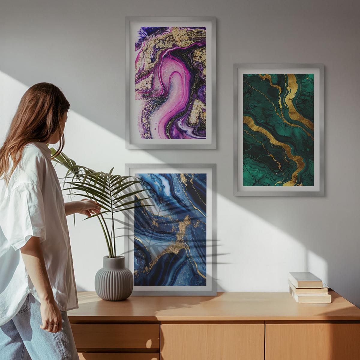 BILDER SET 3er Set - 40x60 cm Silberner Rahmen - Abstrakte rosagrüne Muster - Silberfarben, Kunststoff (40/60cm) - TULUP