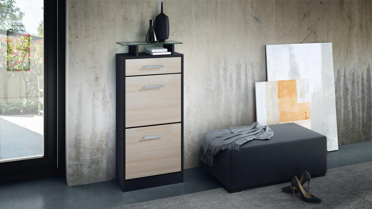SCHUHSCHRANK Loret Front in Eiche sägerau - Eiche San Remo, Holzwerkstoff (46/104/23cm) - Vladon