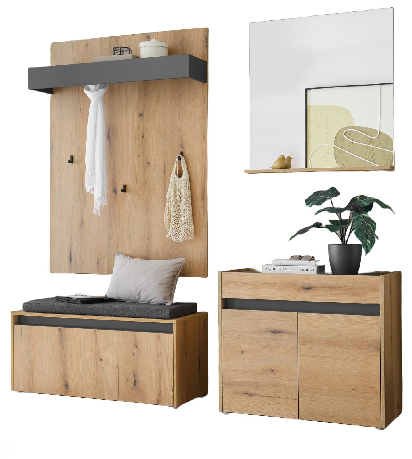 GARDEROBE-SET Evoke Eiche mit Grau, 5-teilige Flurgarderobe 190 cm inklusive Sitzkissen - Eichefarben/Schwarz, Glas/Holzwerkstoff (190/200/40cm) - Furn.Design
