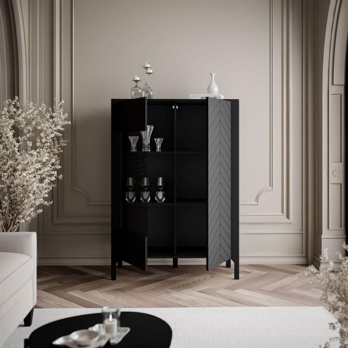 GLASVITRINE LUMI, Schwarz - Schwarz, Holzwerkstoff (103/130/41cm) - Lookway