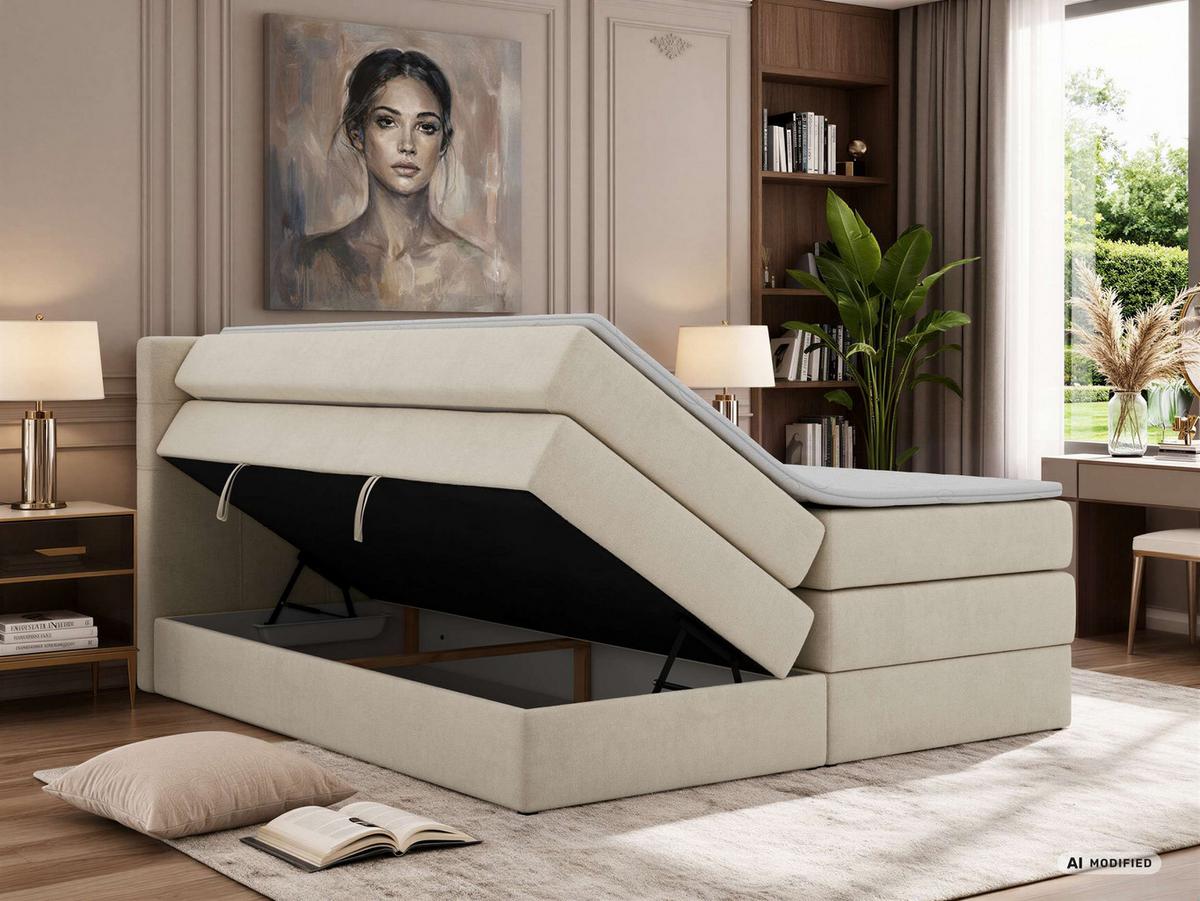 BOXSPRINGBETT SOLVEN KING 200/200 - Creme Jersey - Topper T25 - H4 - Creme/Schwarz, Kunststoff/Textil (200/200cm) - MKS