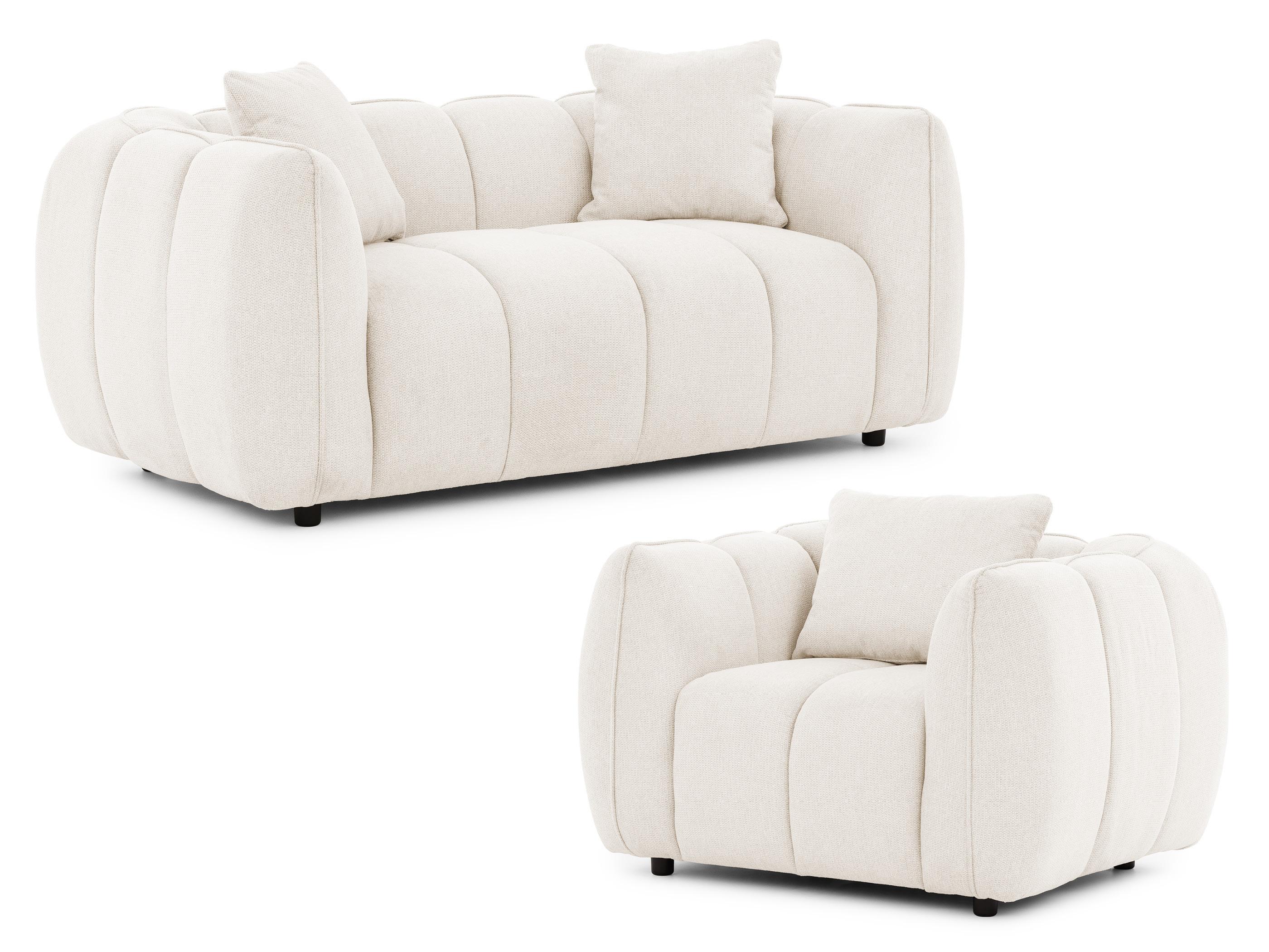 SITZGARNITUR 2+1 Nubira in tief gesteppter Bubble-Optik aus weichem Creme Strukturstoff im modernen Design - Creme/Schwarz, Holz/Kunststoff (172/69/89cm) - S-Style Möbel