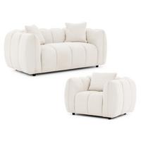 SITZGARNITUR 2+1 Nubira in tief gesteppter Bubble-Optik aus weichem Creme Strukturstoff im modernen Design - Creme/Schwarz, Holz/Kunststoff (172/69/89cm) - S-Style Möbel