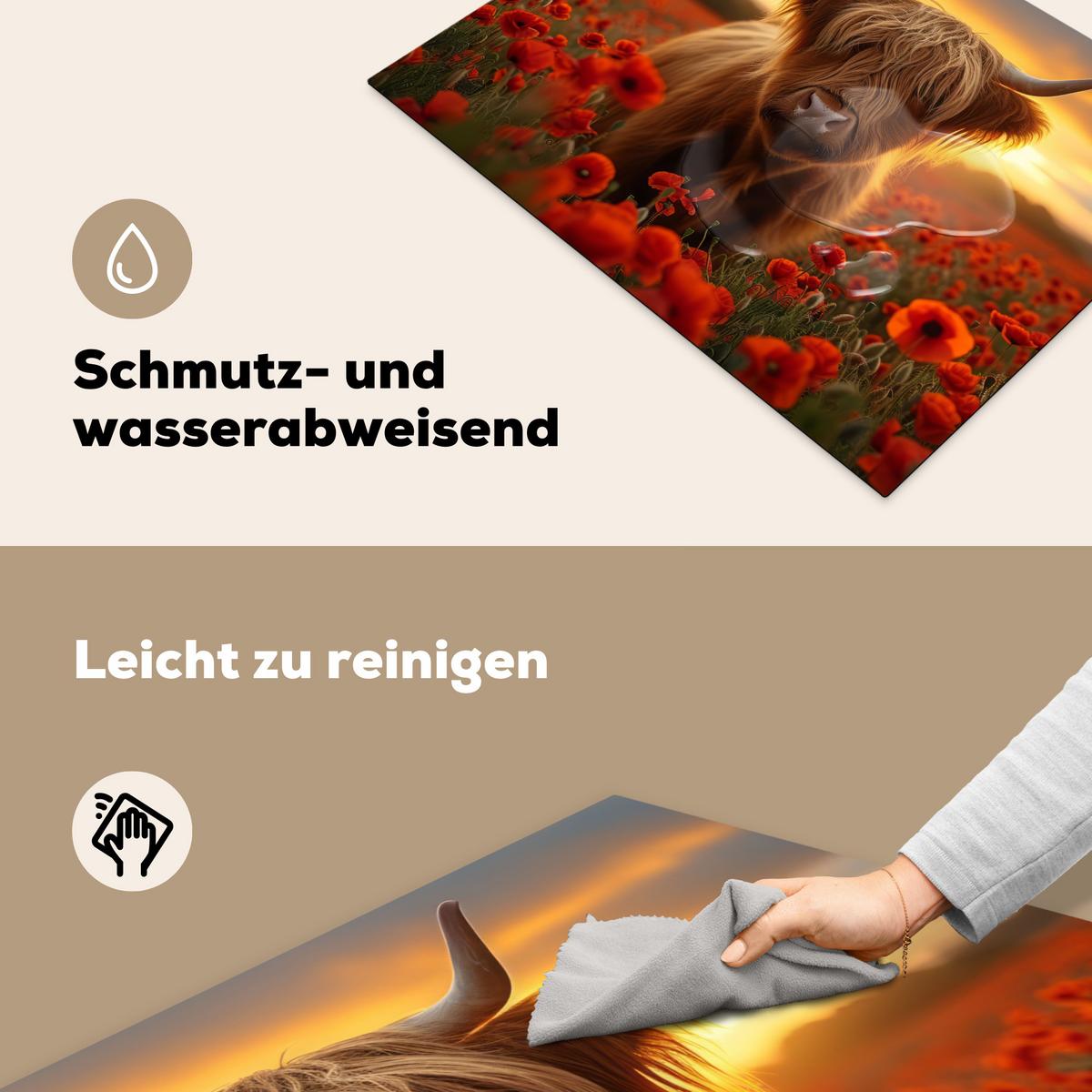 HERDABDECKPLATTE Schottische Highlander - Rosen - Blumenfeld - Sonnenuntergang Induktionsmatte 71x52 cm - Rotbraun, Kunststoff (71/52/0.2cm) - MuchoWow
