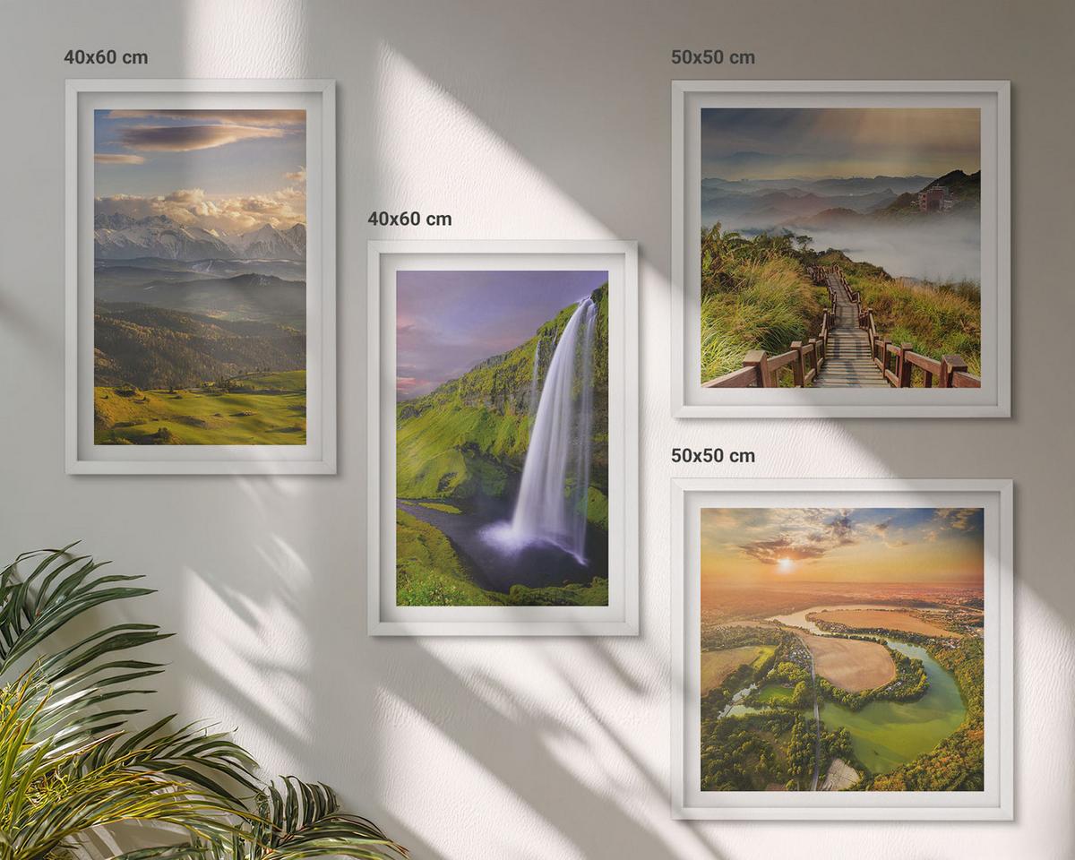 BILDER SET 4er Set - 50x50 cm & 40x60 cm Weißer Rahmen - Ausblicke auf Berge, Flüsse und Wasserfälle - Weiß, Kunststoff (50/50cm) - TULUP
