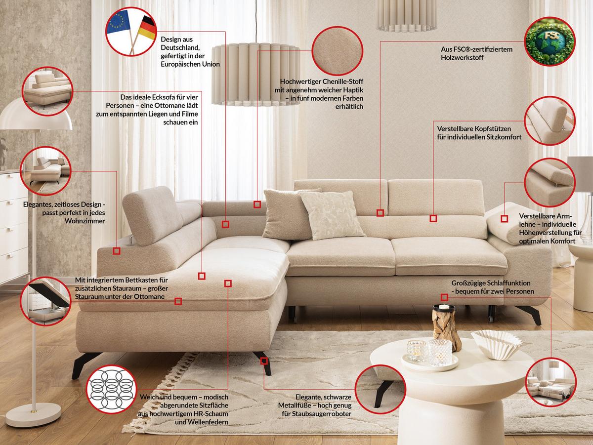 ECKSOFA mit Schlaffunktion und Bettkasten Bonnie aus Taupe Chenille-Stoff mit verstellbaren Kopfstützen und Armlehne - Ottomane links - Taupe/Schwarz, Holz/Textil (275/210cm) - S-Style