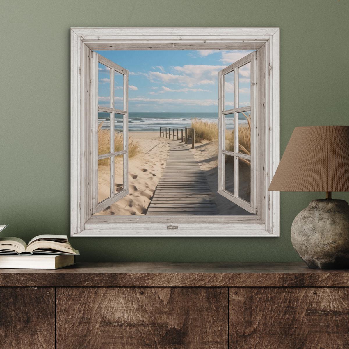 AKUSTIKBILD Fenster - Meer - Küste - Natur - Ausblick - Strand - Wattenmeer Wandbilder 60x60 cm - Beige, Kunststoff (60/60/0.9cm) - MuchoWow