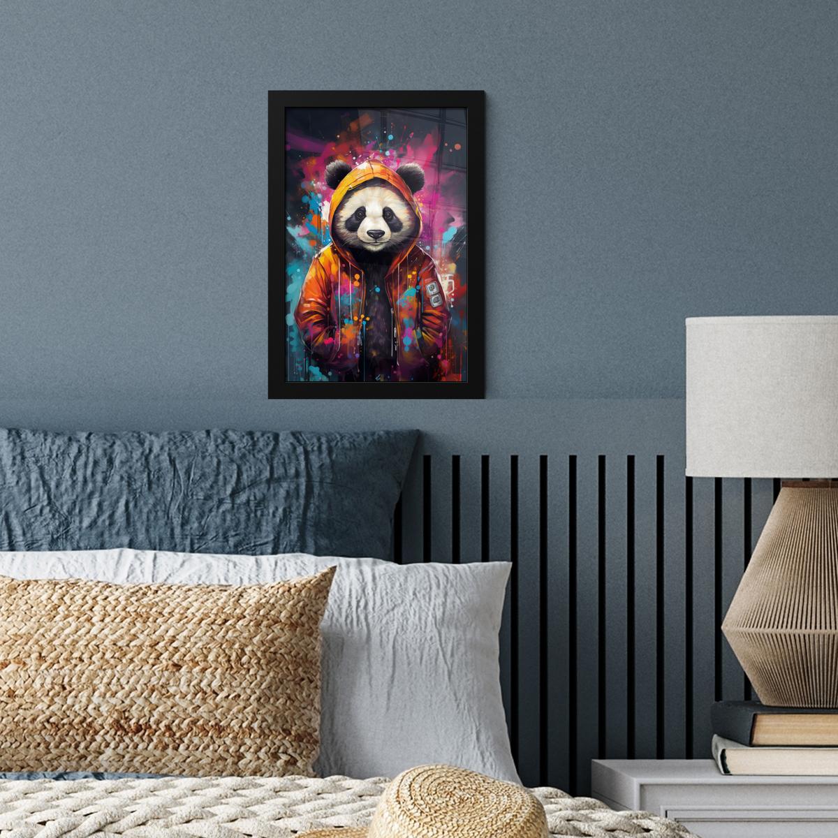 POSTER MIT RAHMEN Panda - Jacke - Graffiti - Orange Poster 20x30 cm - Orange, Papier (20/30cm) - MuchoWow