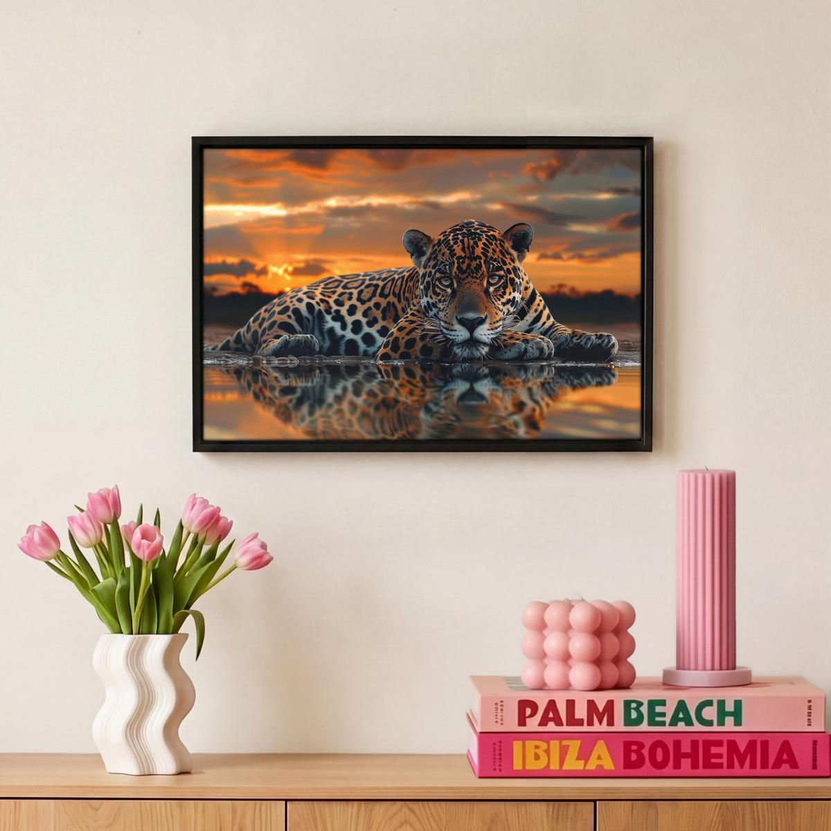 LEINWAND Bilder mit Rahmen - Natur - Leopard - Tier - Sonnenuntergang - Modern - 30x20 - Orange, Textil (30/20cm) - MuchoWow