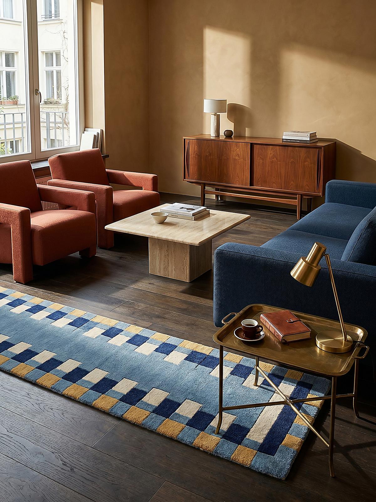WOLLTEPPICH WENSUM, geometrisch, Blau-Gelb, 60 x 230 cm - Blau, Textil (60/230cm) - KADIMA DESIGN
