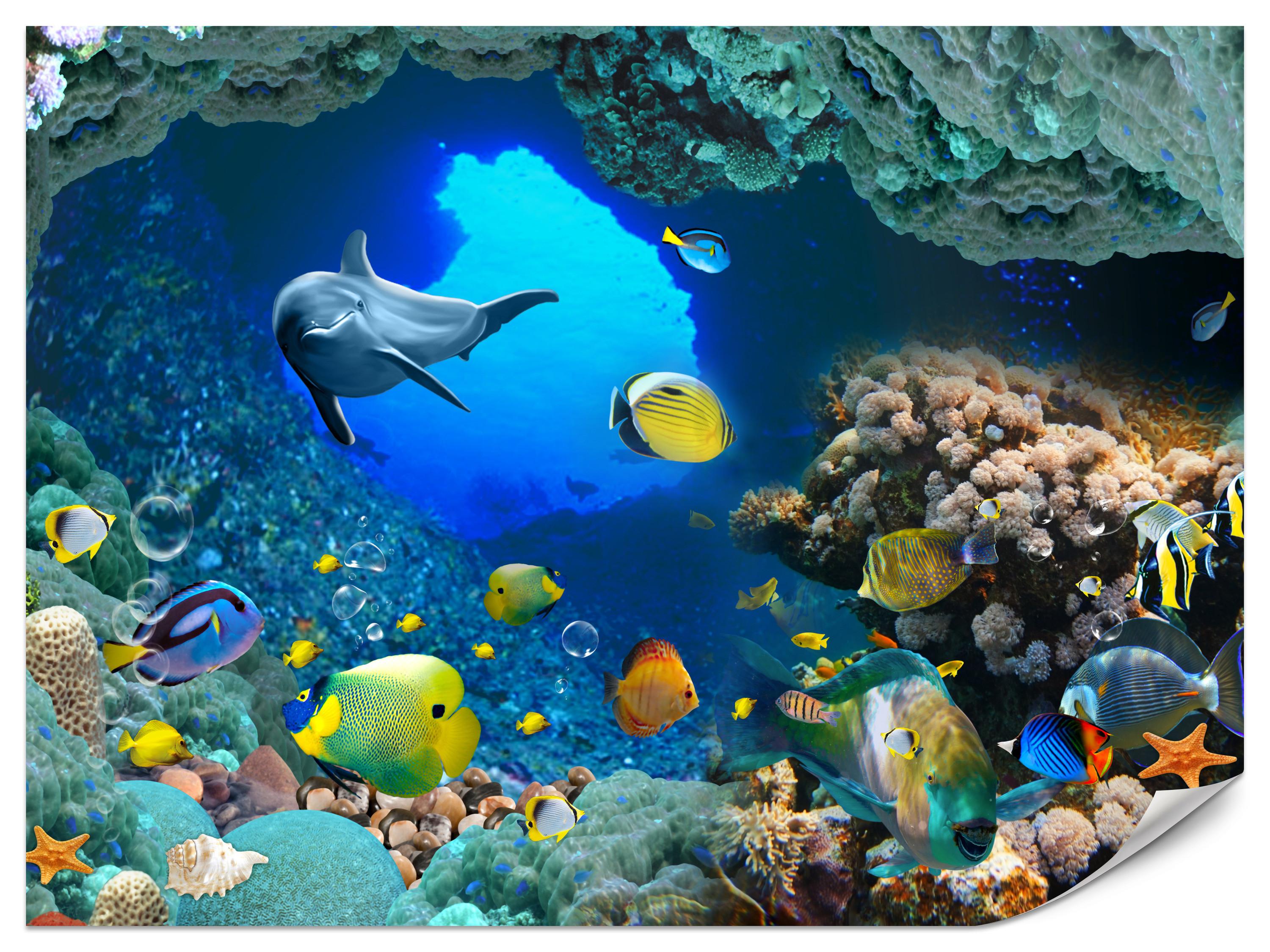 FOTOTAPETE für Badezimmer Unterwasser Korallenriffe Fische 350x256 - Türkis/Blau, Papier (350/256cm) - Muralo