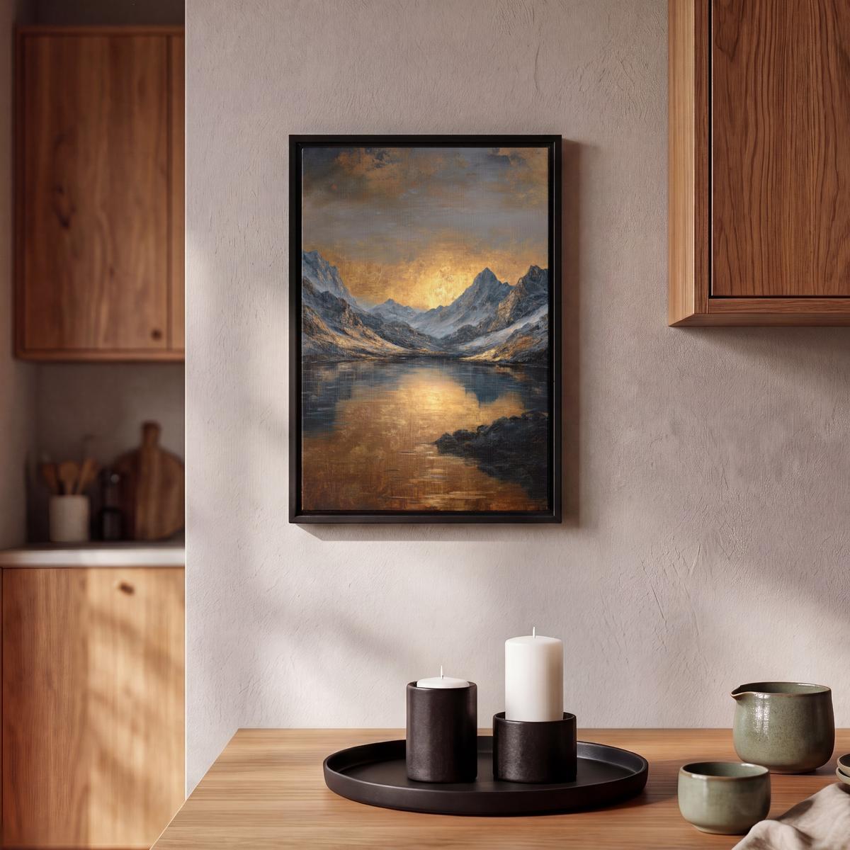 LEINWAND Bilder mit Rahmen - Bergkulisse mit goldenem Sonnenuntergang - 20x30 - Goldfarben, Textil (20/30cm) - MuchoWow