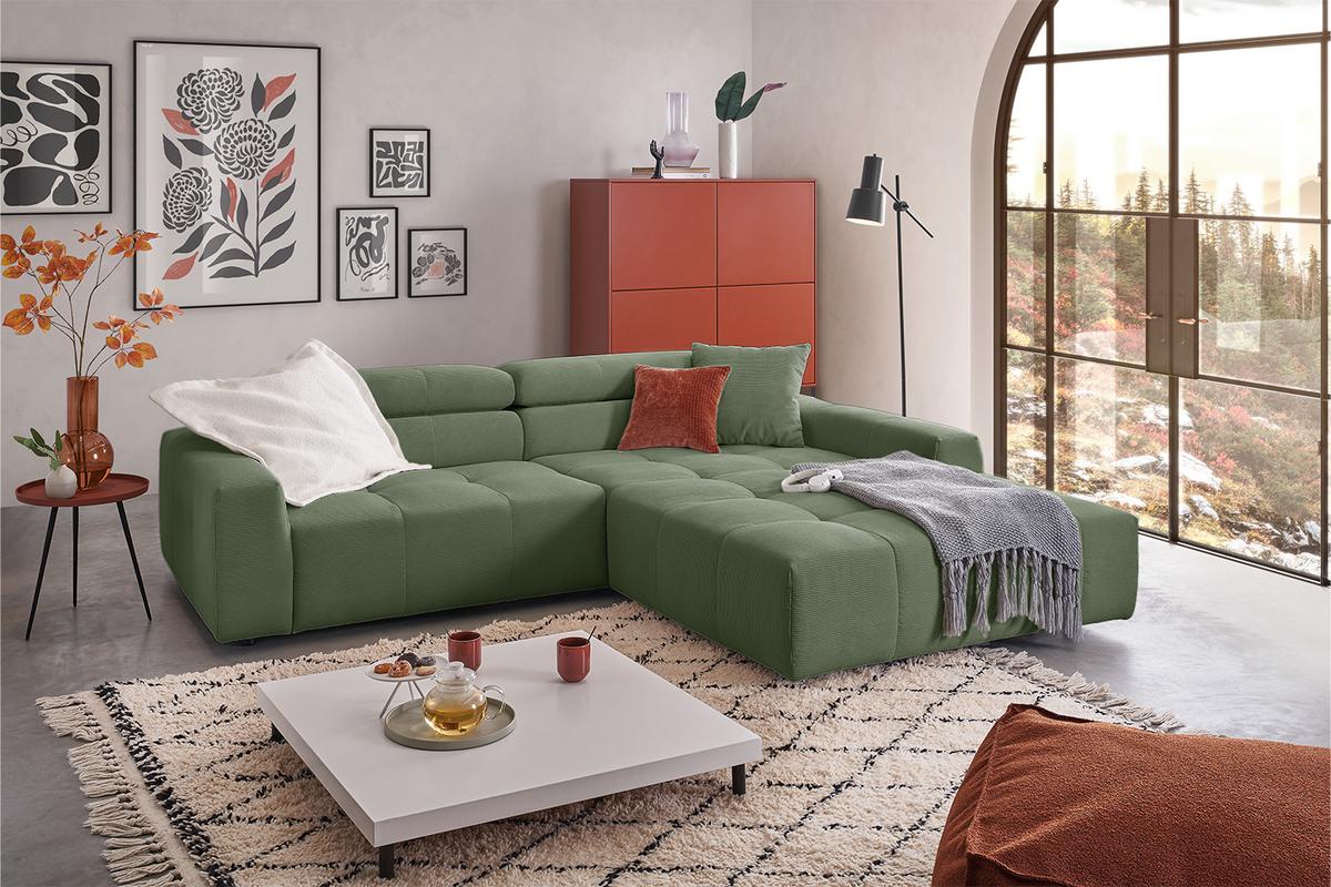 ECKSOFA RENO Grün Cord - Schwarz/Olivgrün, Kunststoff/Textil (258/217cm) - KAWOLA