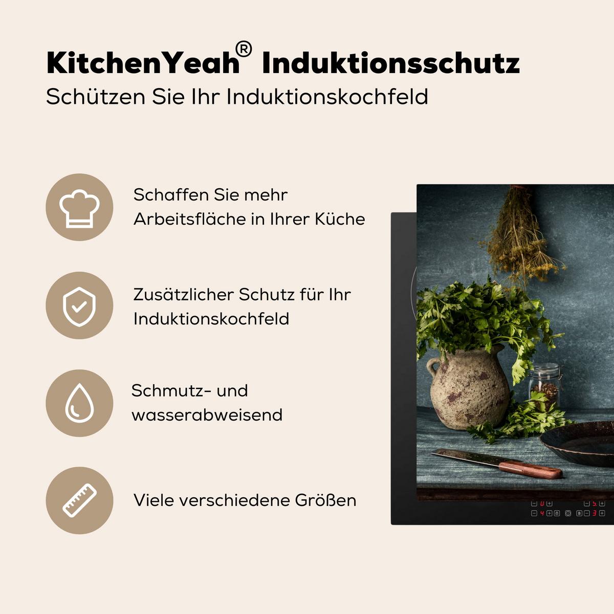 HERDABDECKPLATTE Kräuter - Gewürze - Pfanne - Messer - Grau - Rustikal Herdabdeckung Induktionsfeld 65x52 cm - Petrol, Kunststoff (65/52/0.2cm) - MuchoWow