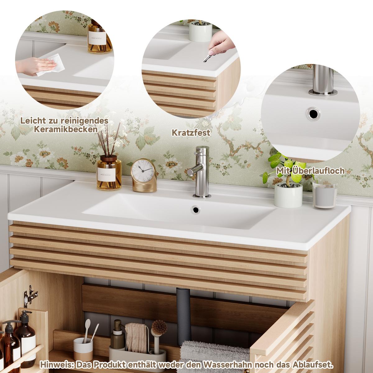 WASCHTISCH Natur Freistehend mit 3D-Streben, Doppeltür & Keramikbecken 91cm - Naturfarben, Holzwerkstoff (91/80/46cm) - Urban Meuble