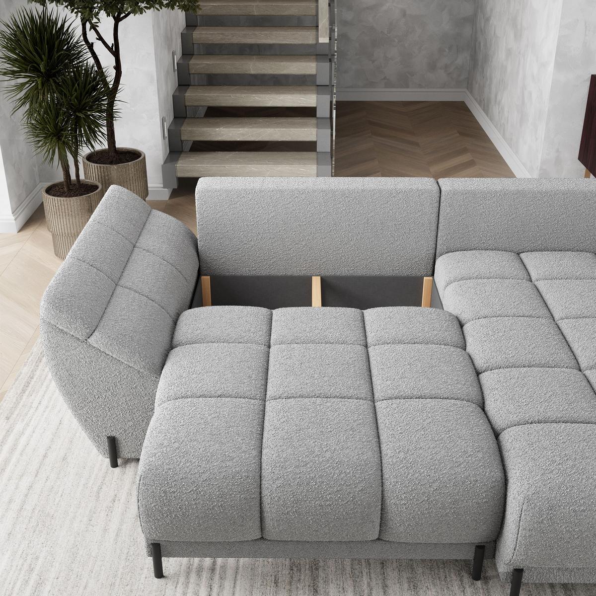ECKSOFA VESTANO R-S Hellgrau Boucle-Stoff mit Schlaffunktion - Hellgrau, Holz (287/182cm) - MASSENO