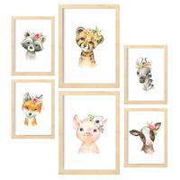 POSTER Set Mit 6 Blumentiere Weißer Hintergrunddruck Mit Baby Tiermotiven Im Pastell Aquarell Stil Innenarchitektur A3 & A4 Rahmen Aus Hellem Holz - Beige, Papier (29/3cm) - Nacnic